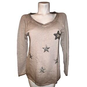 Womens Tan V-Neck Knit Sweater with Sequin Star Patches and Metallic Trim
